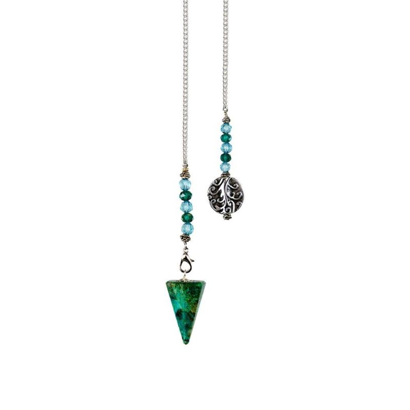 Pendulum with faceted Chrysocolla, beads, and Tree charm for dowsing, divination, and spiritual practice.