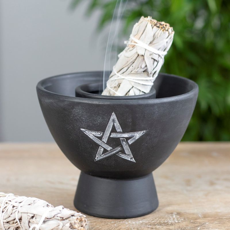 Black terracotta smudge bowl with white pentagram design, perfect for burning sage and enhancing spiritual rituals.