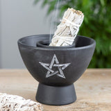 Black terracotta smudge bowl with white pentagram design, perfect for burning sage and enhancing spiritual rituals.