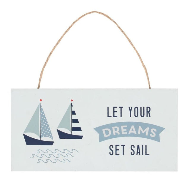 Nautical MDF sign featuring sailboats and 'Let your dreams set sail' phrase, perfect for coastal decor.