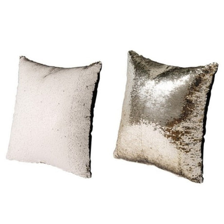 Set of 2 elegant cushions featuring a cream pillow and a shimmering metallic sequinned design, perfect for stylish decor.