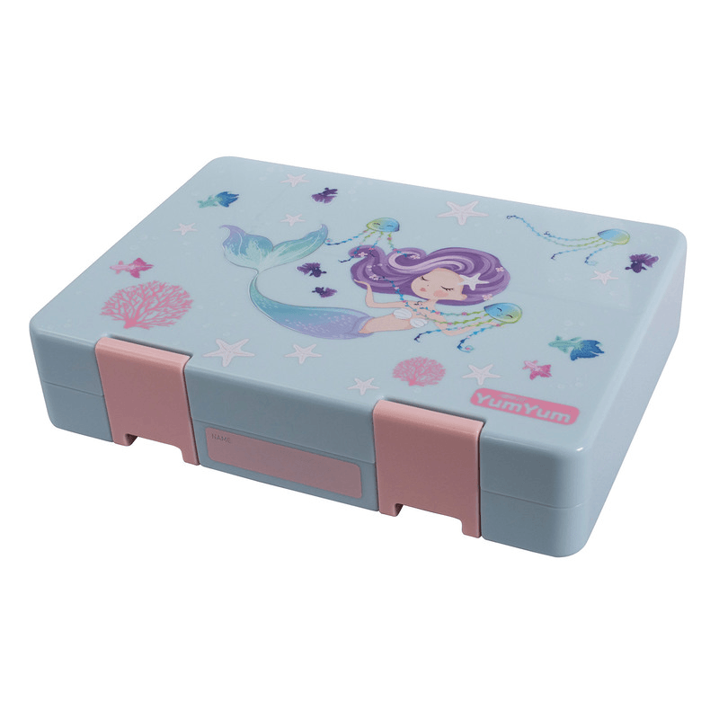 Vibrant bento box featuring a mermaid design, four compartments, removable insert, and moisture-locking lid for fresh meals.