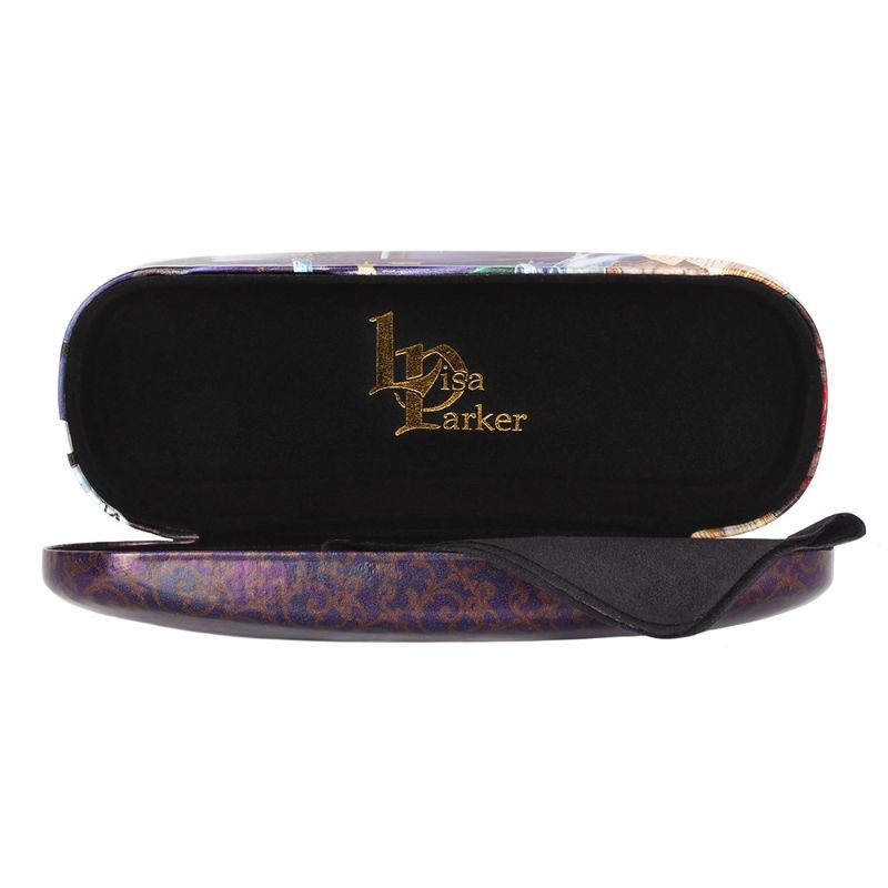 Stylish Hocus Pocus glasses case by Lisa Parker, featuring enchanting artwork and a gold logo, includes cleaning cloth.