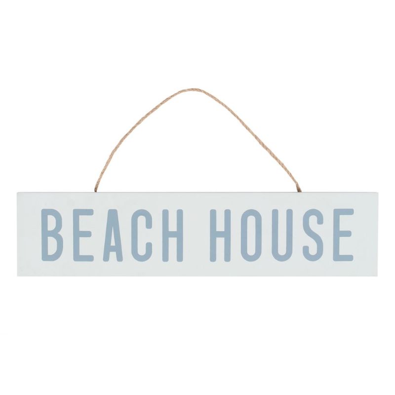 Beach House Hanging MDF Sign with bold 'BEACH HOUSE' text on white, perfect for coastal decor in homes and patios.