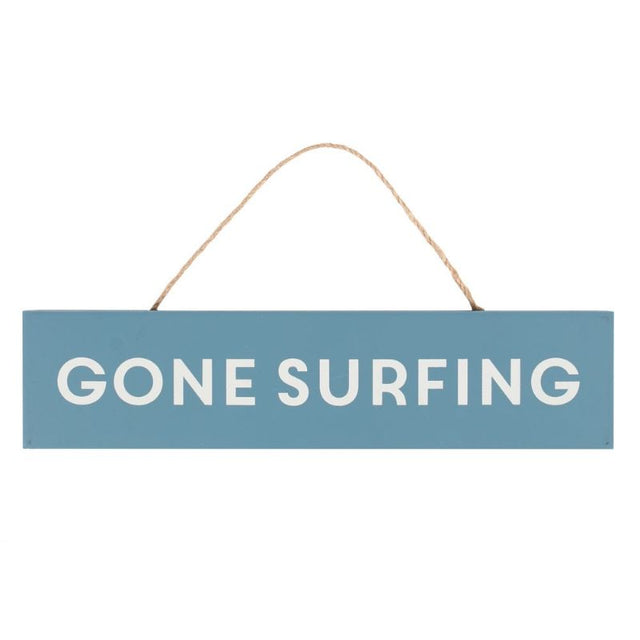 Gone Surfing MDF sign with playful text on light blue background, ideal for beach-themed decor and ocean lovers.