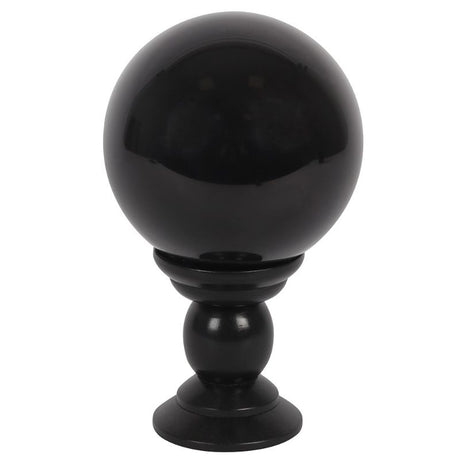 Black 130mm crystal ball on elegant black wooden stand, ideal for decor and scrying, perfect for mystical enthusiasts.