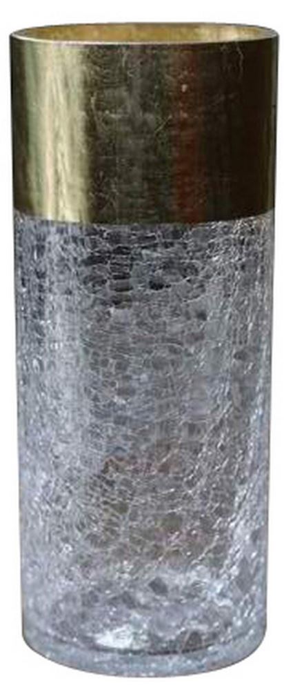 Clear glass vase with a crackle finish and elegant gold top band, standing 30cm tall, perfect for floral displays.