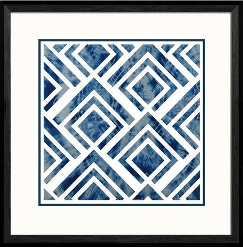 Framed geometric art in vibrant blue, 45 x 45cm, perfect for modern decor; easy to hang with protective glass cover.