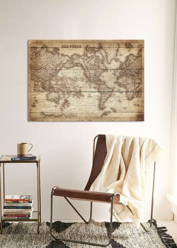 Wood panel art featuring a detailed antique world map design, perfect for enhancing your living space with cultural charm.