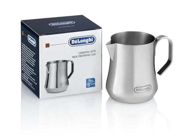 DeLonghi 350ml stainless steel milk frothing jug for lattes and cappuccinos, featuring an ergonomic handle and elegant design.