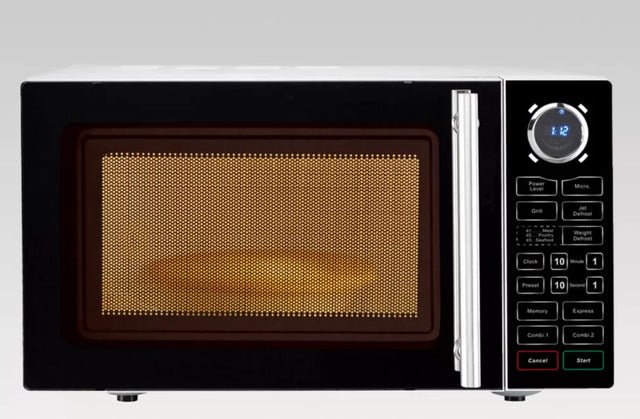 Singer 25L microwave oven with grill, featuring 900W microwave, 1000W grill, 10 power levels, and child safety lock.