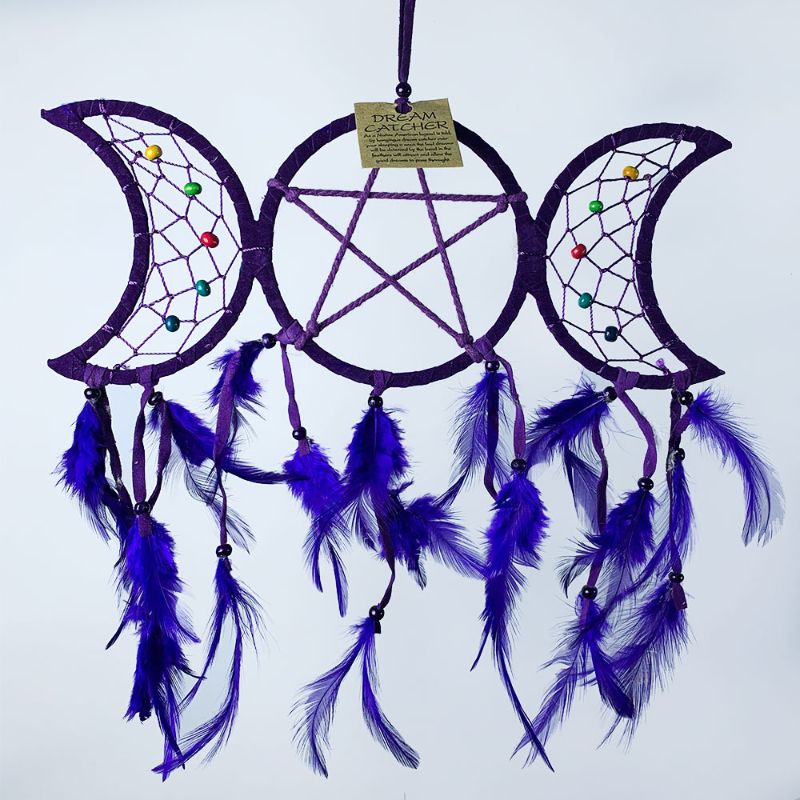 Vibrant 30cm Triple Moon Purple Dreamcatcher with intricate feathers, symbolizing spirituality and creativity for decor.