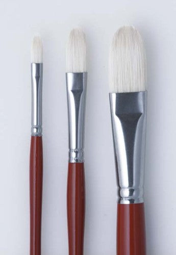 Premium hog bristle filbert brush with polished red handle, ideal for oils and acrylics, ensuring fluid strokes and control.