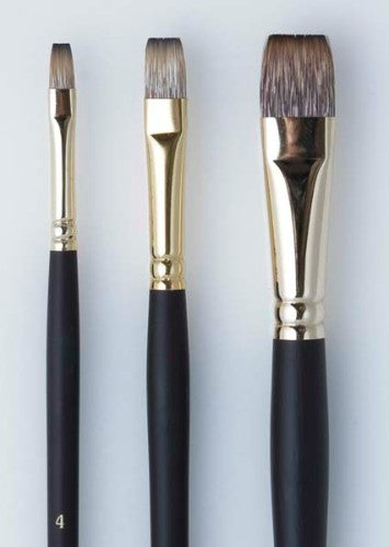 Flat 2 brush with fine synthetic hair, maroon handle, and gold ferrule for detailed painting and seamless color application.