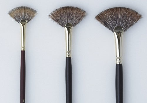 Close-up of the Artist Brush - As Mongoose Fan 2, featuring fine synthetic hair, a maroon handle, and a gold ferrule for precision painting.