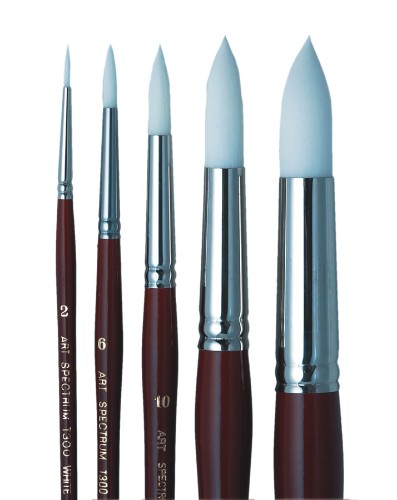 Premium white Taklon round artist brush with a polished mahogany handle, perfect for detailed water media work.