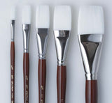 White Taklon flat brush, 1/4 inch, with mahogany handle and nickel ferrule, ideal for detailed painting in water media.