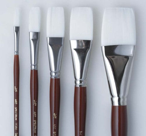 Artist Brush with 3/4 inch white Taklon flat bristles and mahogany handle, ideal for watercolors and acrylics.