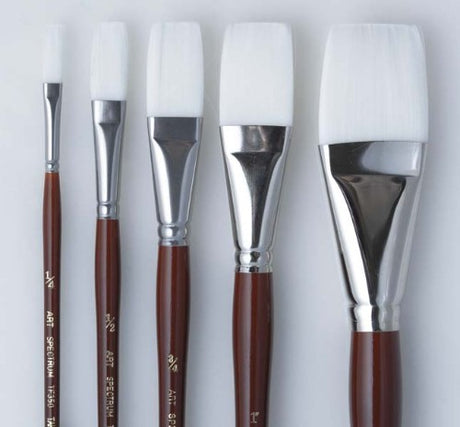 Artist Brush with 3/4 inch white Taklon flat bristles and mahogany handle, ideal for watercolors and acrylics.