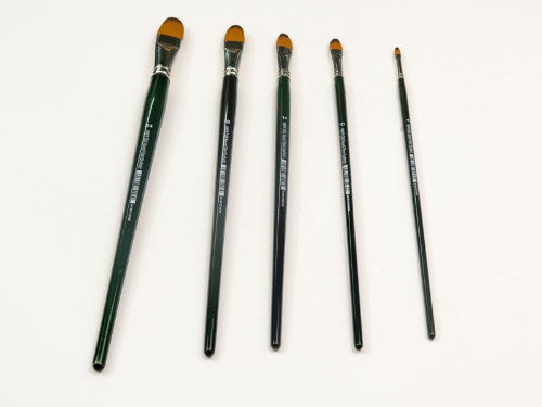 Professional synthetic filbert brush with versatile shape for blending and detail in acrylics, oils, and watercolors.