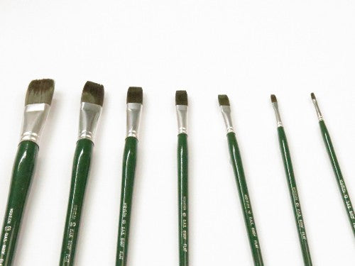 Flat #2 artist brush with greenish gray synthetic bristles, long polished handle, ideal for acrylic and oil painting.