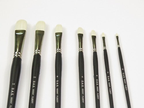 Matte white filbert brush with stiff filaments for precise strokes, ideal for acrylics, oils, and watercolors.