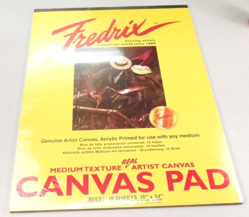 Fredrix 18x24 Artist Canvas Pad with 10 primed sheets, perfect for acrylics, oils, and mixed media art.