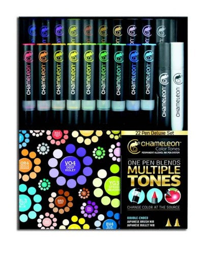 Chameleon 22-Pen Deluxe Set featuring refillable markers with double-ended design for vibrant color blending and precise detailing.