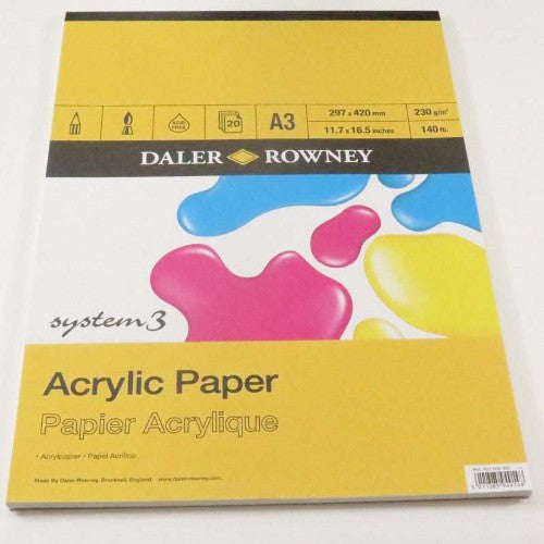 A3 sketch pad with 20 sheets of 230 GSM acrylic paper, ideal for painting and drawing with textured linen-like finish.