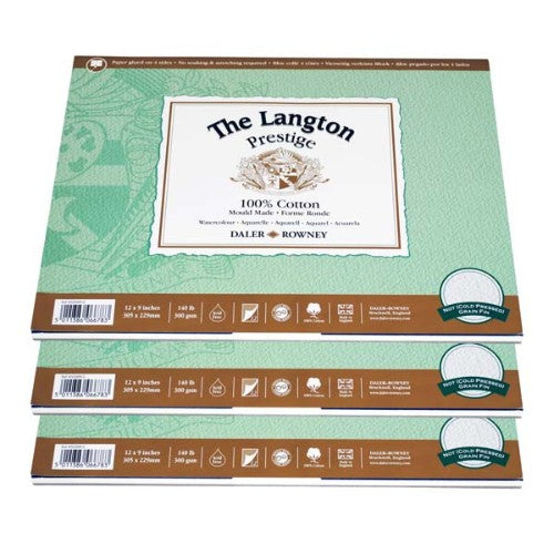 Langton Prestige Pad 9x12" with 12 sheets of 300gsm cotton watercolor paper, ideal for artists using wet and dry mediums.