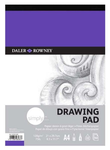 D-R Simply Drawing Pad A4 features 120gsm paper with 50 sheets, suitable for sketching and various art techniques.