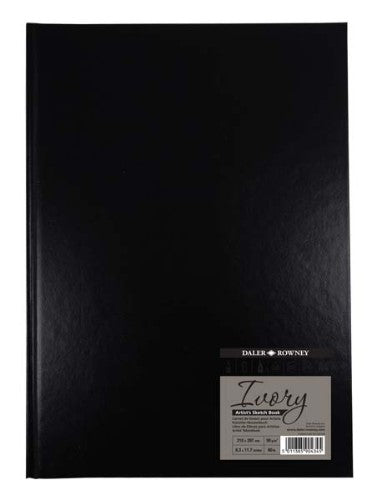 Black hardback A4 sketch book featuring 78 perforated sheets of acid-free ivory cartridge paper for versatile artistic use.