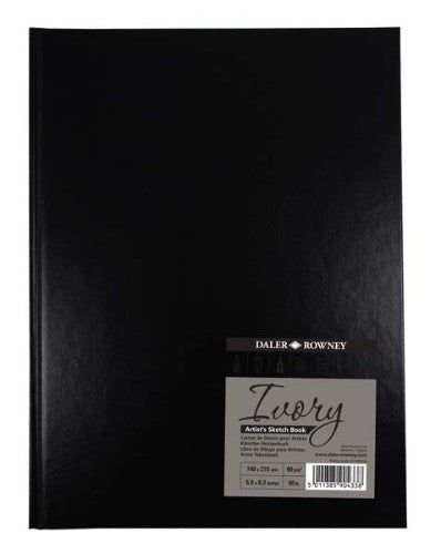 Black hardback A5 sketchbook with 78 perforated acid-free ivory sheets, perfect for artists and students.