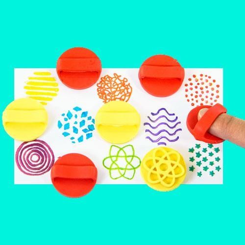 Colorful set of eight textured rubber stamps for kids' finger painting and crafts, promoting creativity and fine motor skill development.