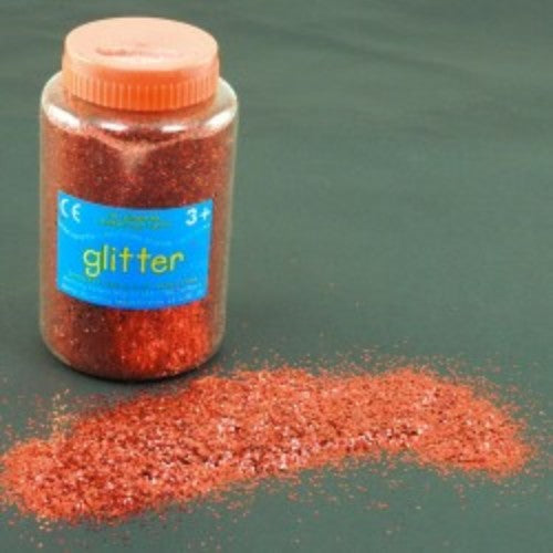 Shaker of vibrant red glitter, 250g, perfect for crafts, scrapbooking, and decorations; non-toxic and easy to use.