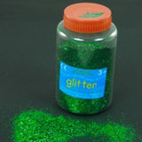 Vibrant green glitter shaker, 250gm, perfect for arts and crafts, birthday decor, and stimulating creativity in projects.