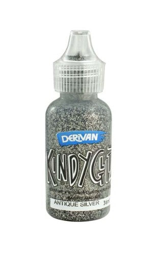 Derivan Kindy Glitz Antique Silver glitter glue set with 5 tubes, perfect for cardmaking and scrapbooking projects.