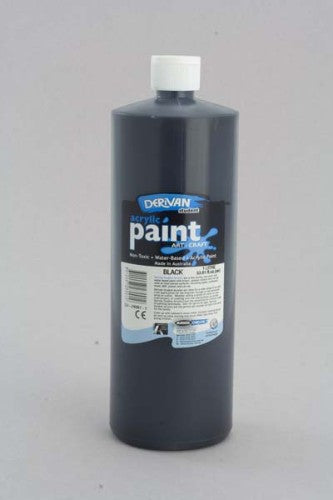 Black acrylic paint in a 1-liter bottle, perfect for students, ideal for various art techniques and mediums.