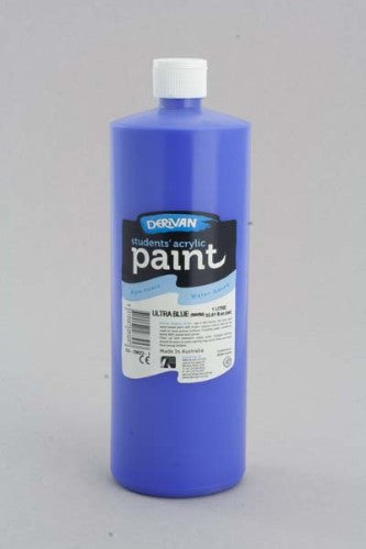 A 1L bottle of Derivan Student Acrylic Paint in vibrant Ultra Blue, ideal for art education and versatile creative projects.