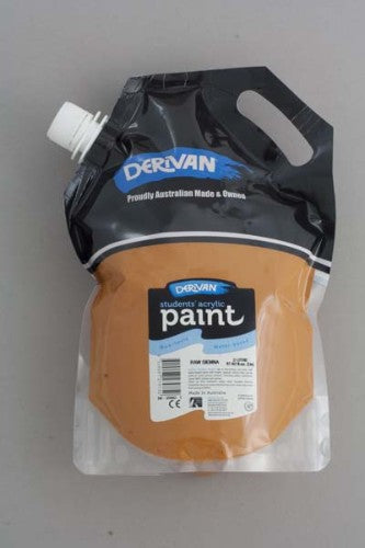 A 2L bottle of Derivan Student Acrylic Paint in Eco Raw Sienna, ideal for mixing, printing, and versatile art projects.