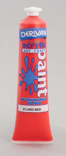 A vibrant 75ml tube of Derivan Fluoro Red acrylic paint, ideal for mixing colors and various painting techniques.