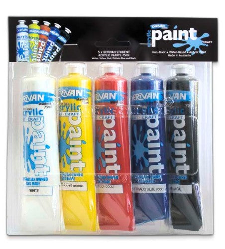 Vibrant 5-tube pack of 75ml Derivan Student Acrylic Paint, ideal for artists exploring colour mixing and blending.