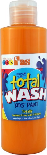Bright orange washable paint in a 250ml bottle, perfect for kids' crafts, easily washes out of fabrics in 15-60 minutes.