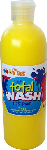 Bright warm yellow washable paint in a 250ml bottle, safe for kids and easily removes stains from clothing within minutes.