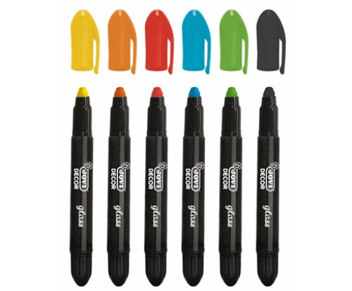 Set of 6 vibrant, water-based wax markers for decorating glass, mirrors, and ceramics, featuring a user-friendly rotating design.