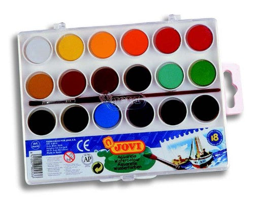 Jovi Water Colours set of 18 vibrant 22mm bars, ideal for creative fun and smooth application for artists 8 and up.