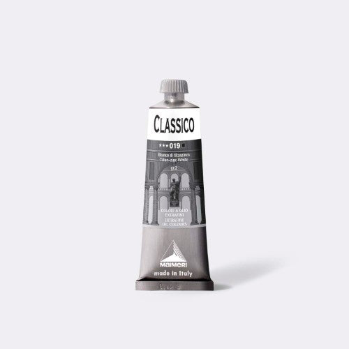 Premium white oil paint in 60ml, known for opacity, vibrant colors, non-toxic formulation, and superb blending capabilities.
