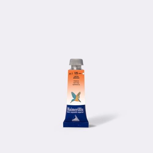 15ml tube of Maimeri Blu Orange Lake watercolour paint, showcasing a vibrant, warm hue ideal for artistic washes and details.