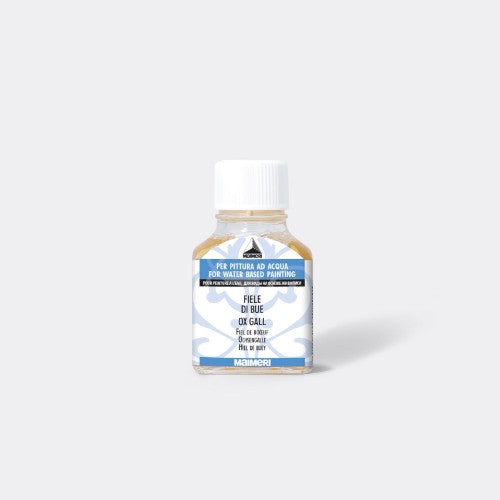 Mm Maimeri Ox Gall 75ml bottle enhances watercolor painting by improving color adherence and diffusion for vibrant results.