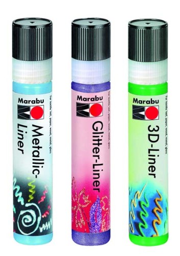 Marabu 3D Liner Set of 6, featuring vibrant colors and precise applicators for dimensional designs on various surfaces.